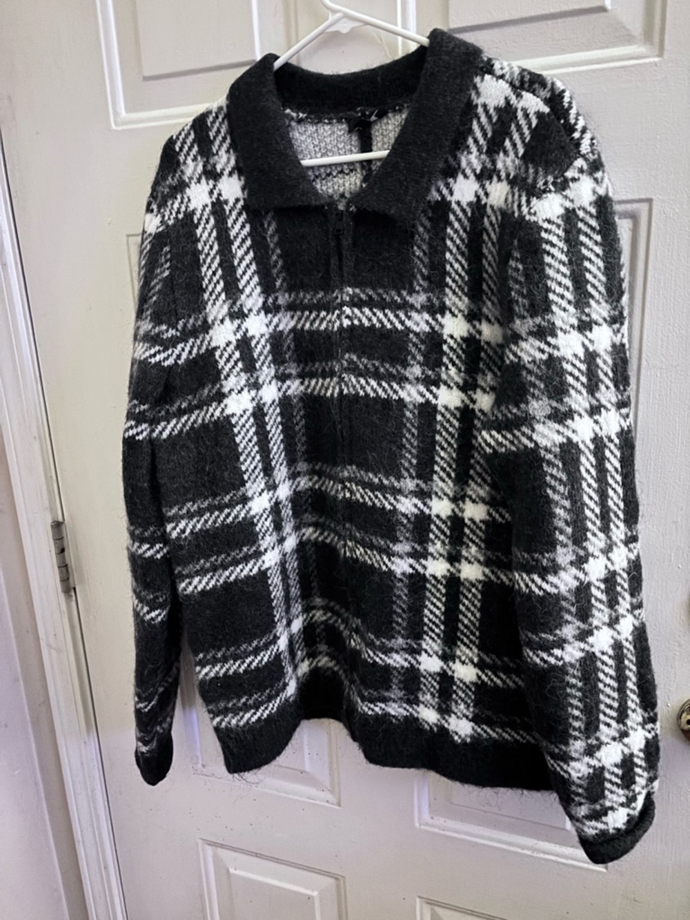Express Black and Gray Plaid Fuzzy Full Zip Front Jacket
